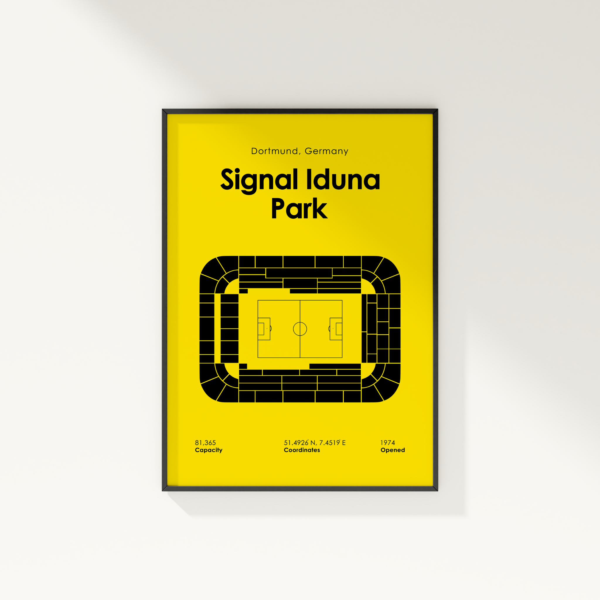 Framed poster of Signal Iduna Park with yellow background and black text.