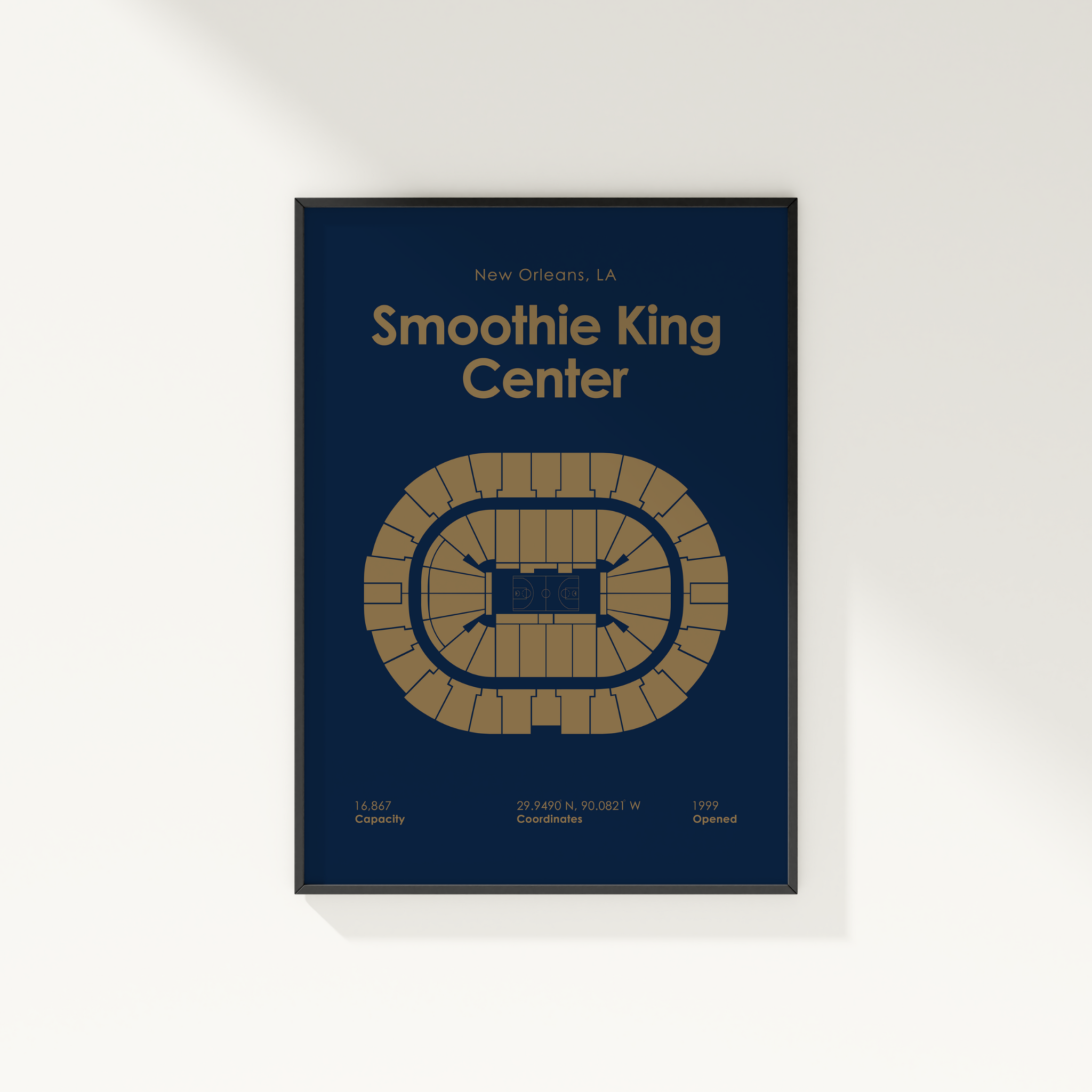 Framed poster of Smoothie King Center layout on a blue background