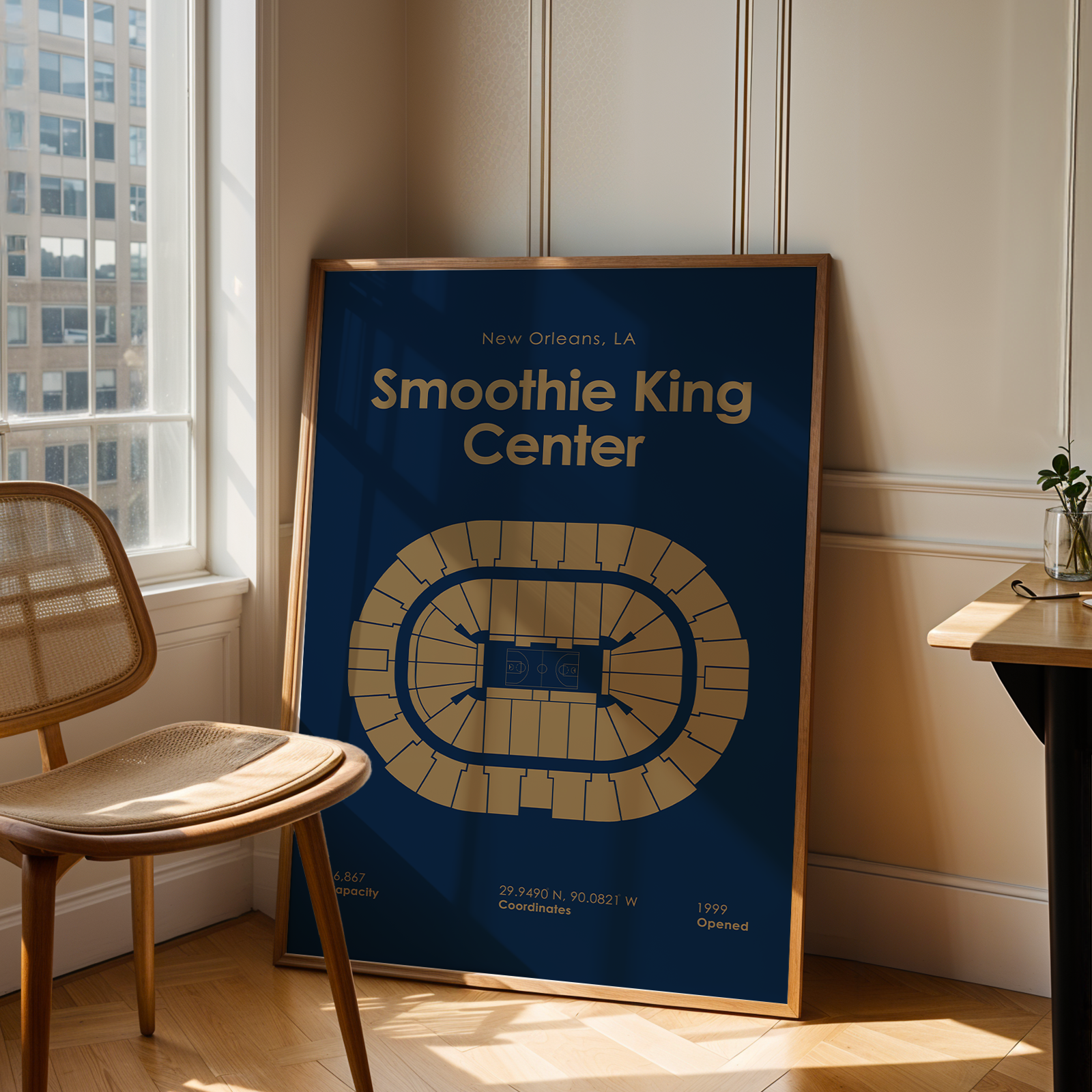 Poster of Smoothie King Center in a room with a chair and window.