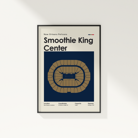Framed poster of Smoothie King Center with New Orleans Pelicans text on a white wall.
