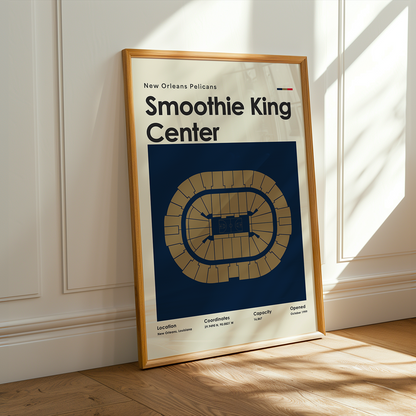 Framed poster of Smoothie King Center in a room with sunlight streaming through a window.