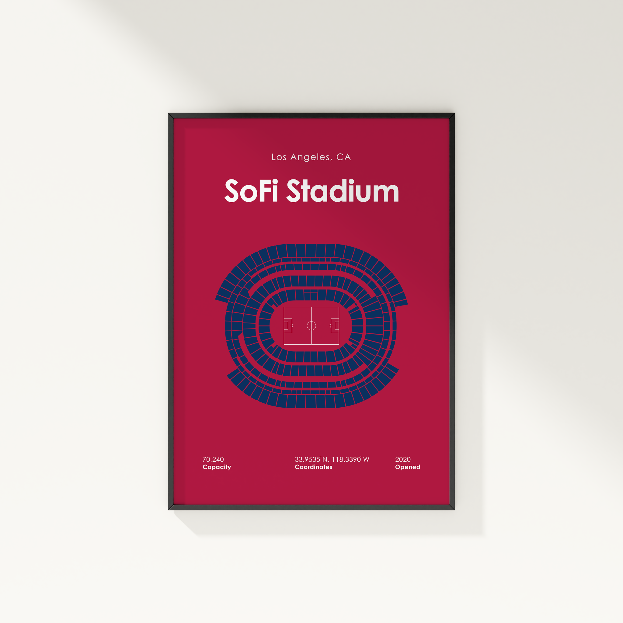 Framed poster of Sofi Stadium layout with red background and black frame.