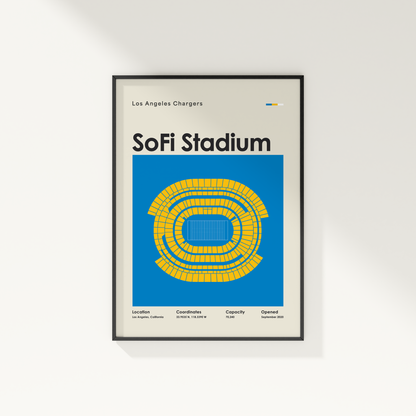 Framed poster of SoFi Stadium with blue and yellow design on a white wall.