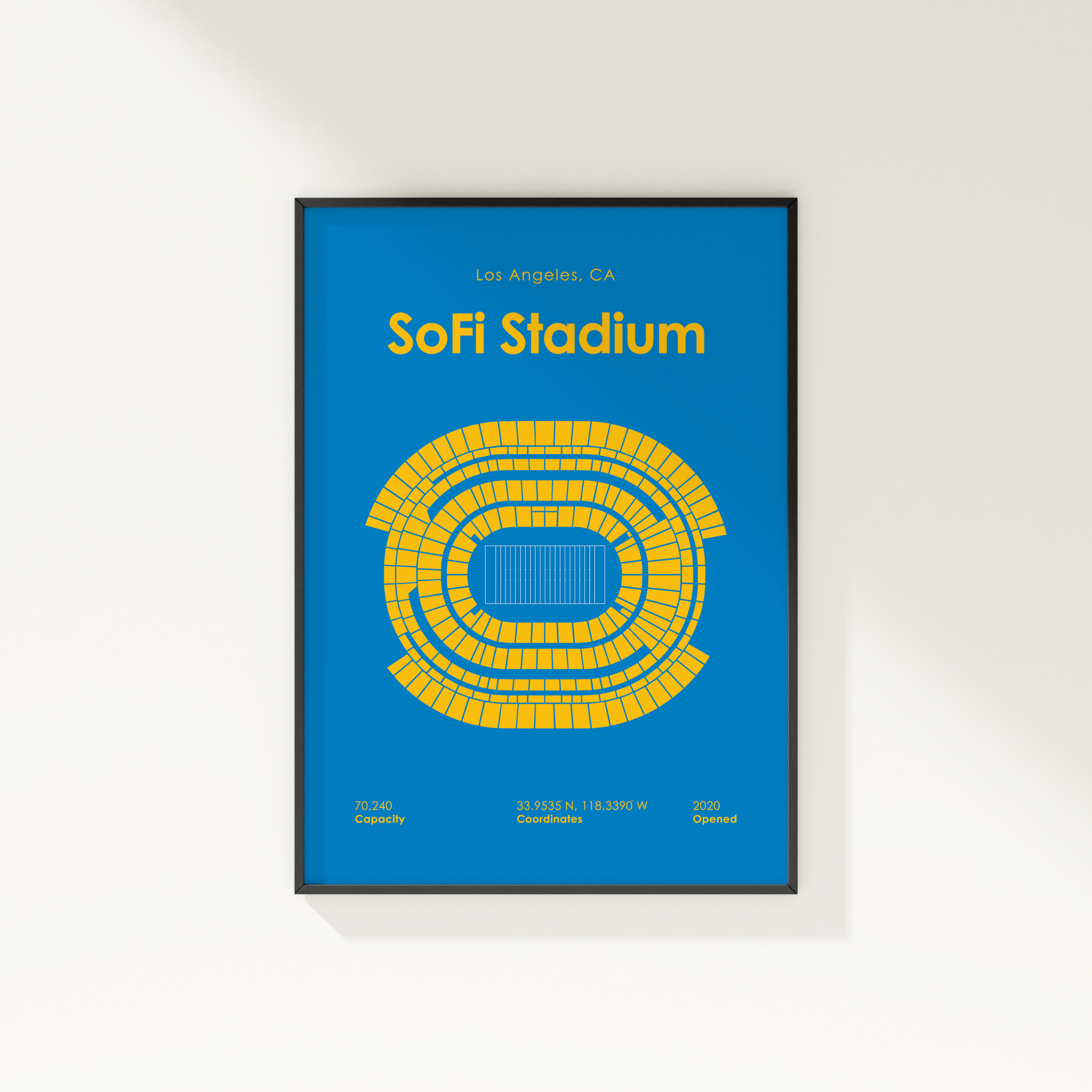Framed poster of Sofi Stadium with blue background and yellow seating diagram.