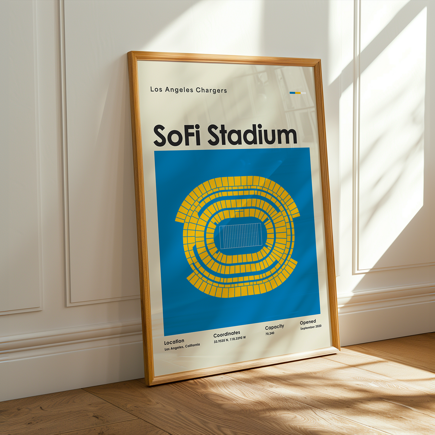 Framed poster of Sofi Stadium with Los Angeles Chargers text on a wall.