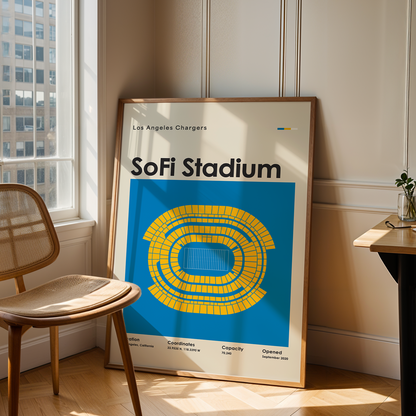 Framed poster of SoFi Stadium in a room with a chair and table.