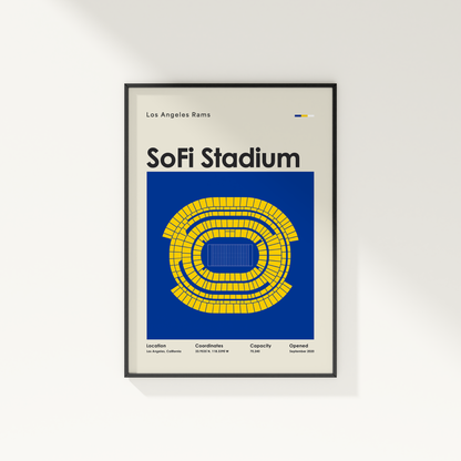 Framed poster of SoFi Stadium with seating chart and text on a white wall.