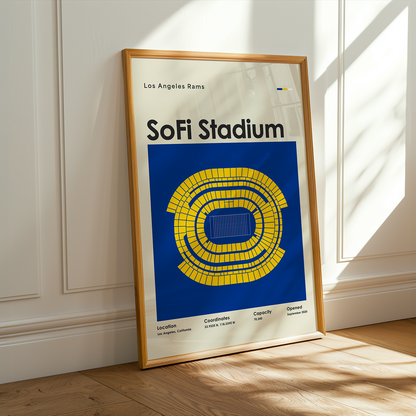 Framed poster of Sofi Stadium with seating chart and text on a wall.