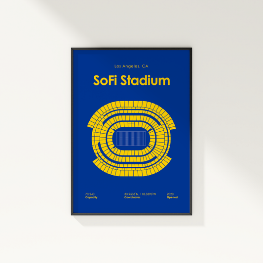 Framed poster of Sofi Stadium with blue background and yellow seating chart.