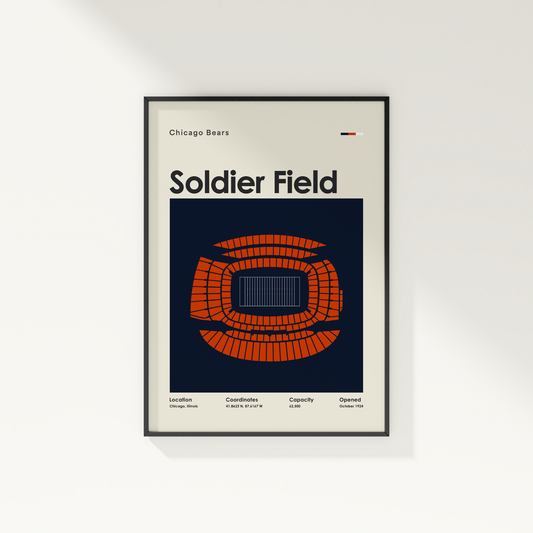 Framed poster of Soldier Field with Chicago Bears text on a white wall.