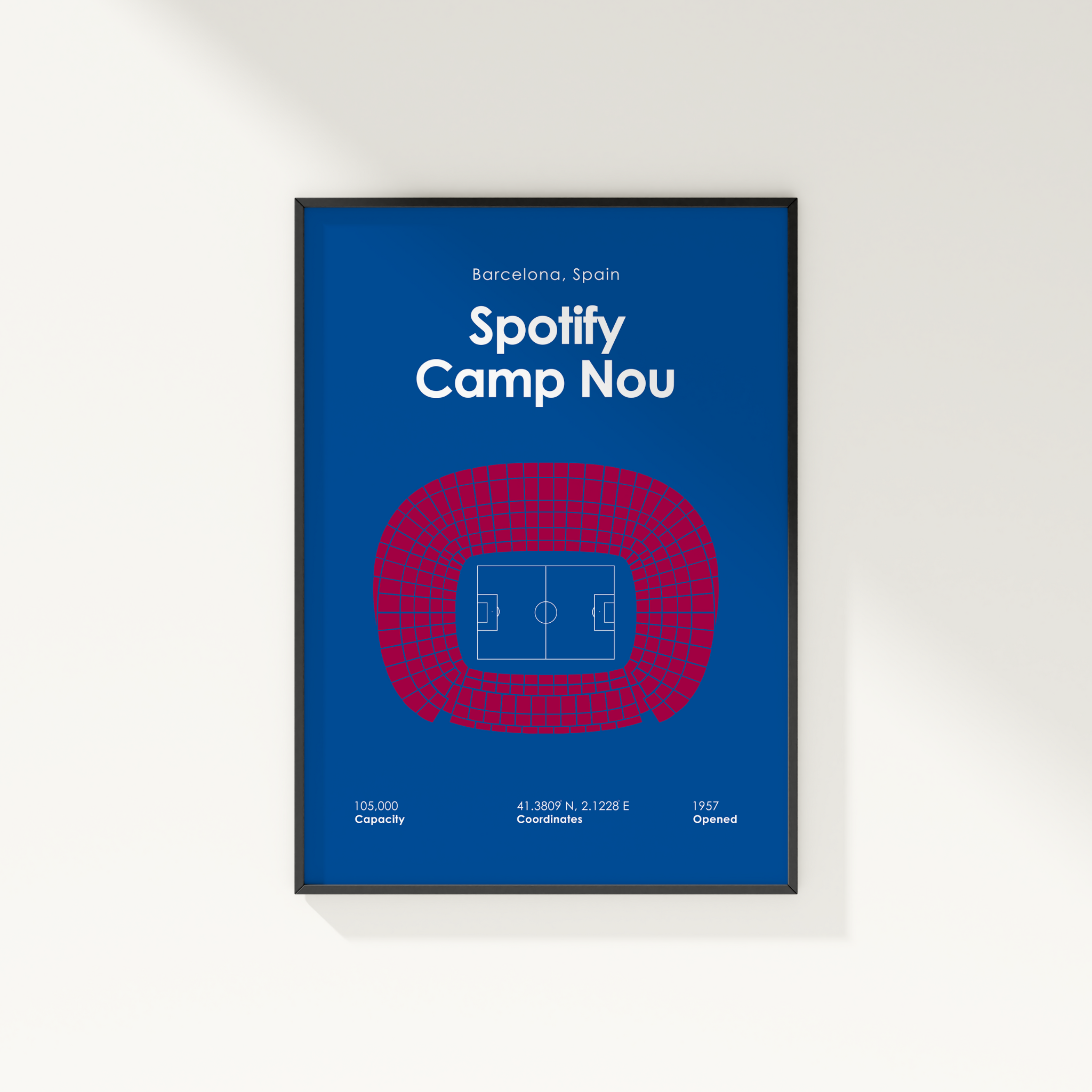 Framed poster of Spotify Camp Nou with seating chart and details on a white background