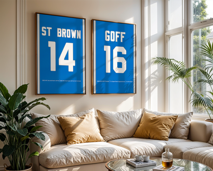 Living room with framed sports jerseys on the wall and a beige sofa.