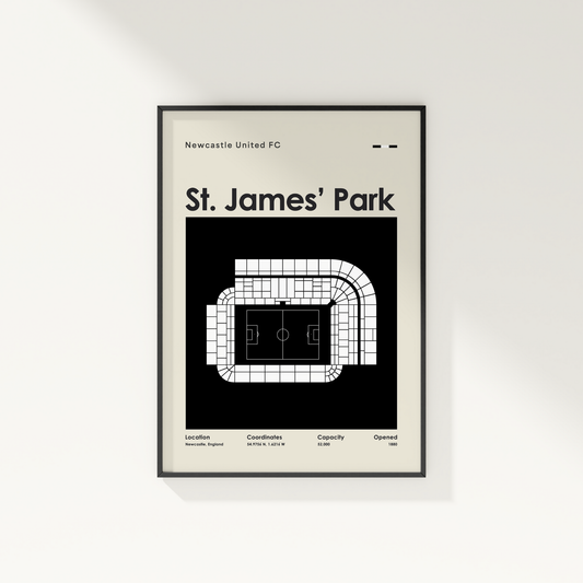 Framed poster of St. James' Park stadium layout with Newcastle United FC text on a white background