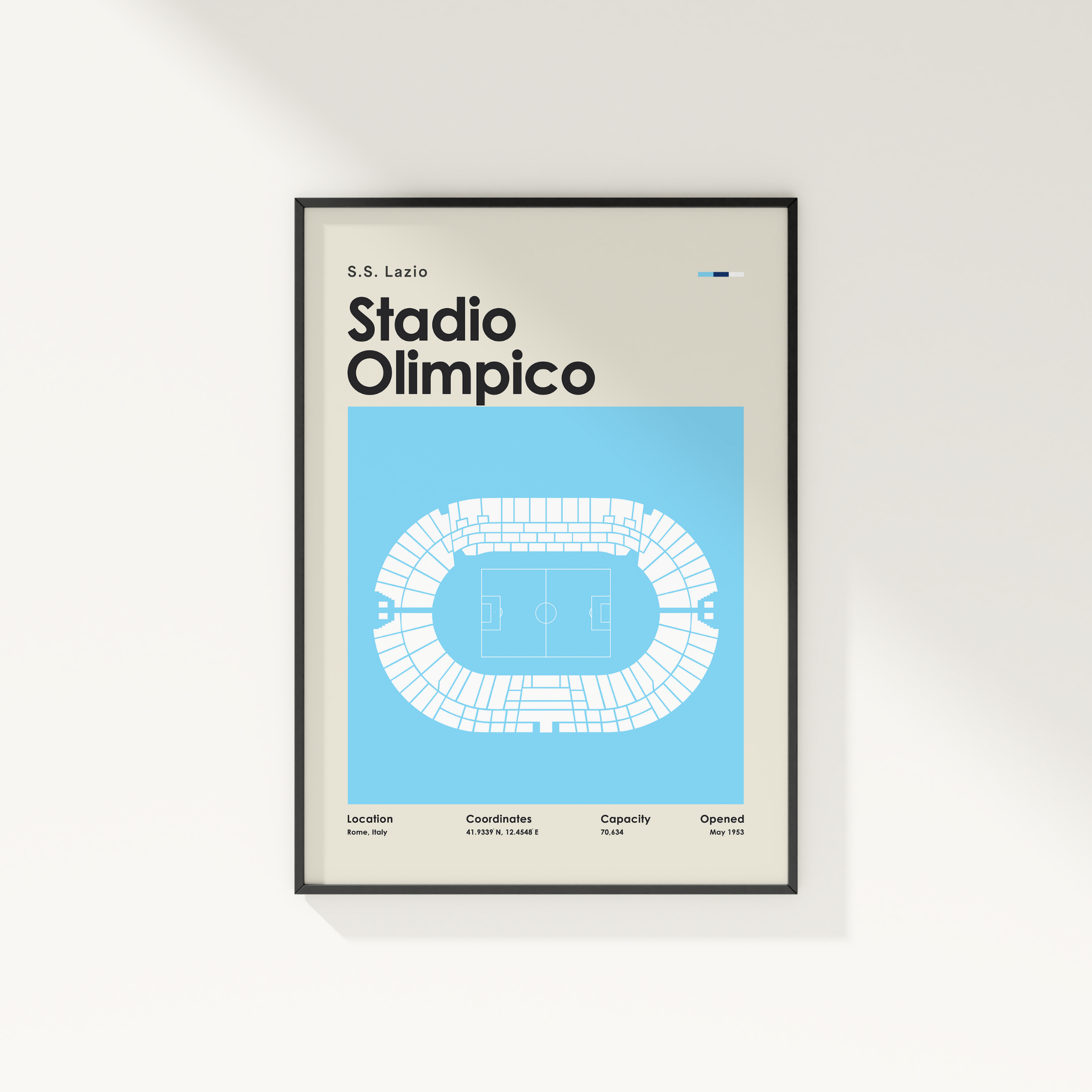 Framed poster of Stadio Olimpico with stadium layout on a light blue background