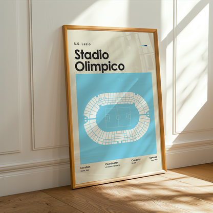 Framed poster of Stadio Olimpico with a wooden frame on a light-colored wall.