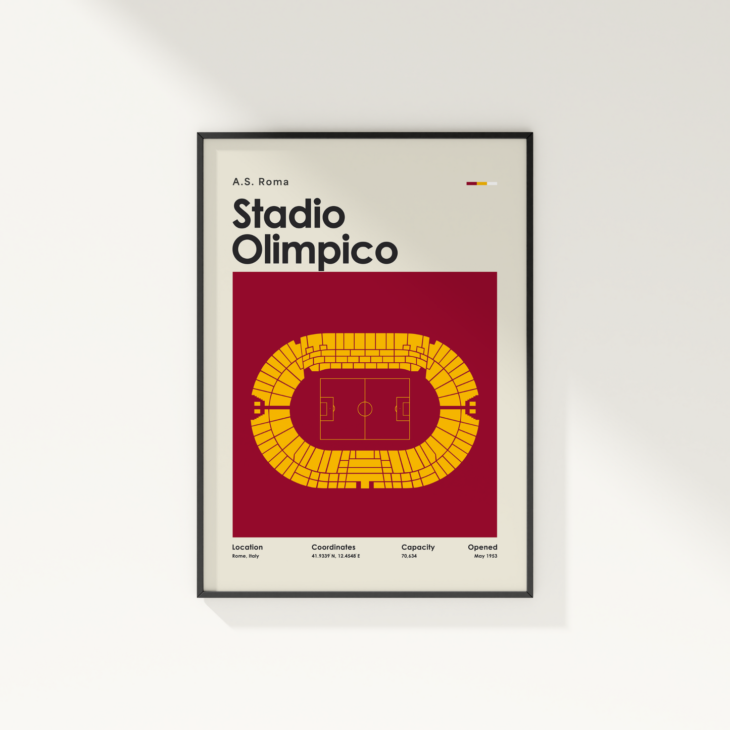 Framed poster of Stadio Olimpico with A.S. Roma text on a white wall.