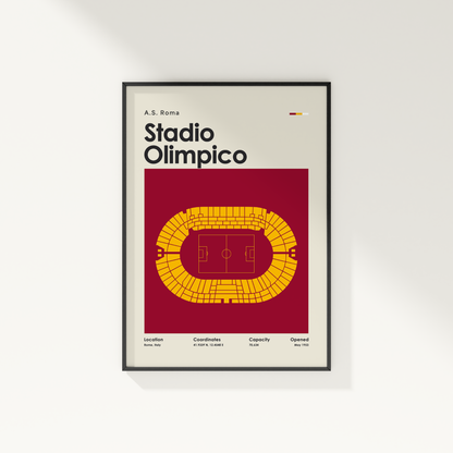 Framed poster of Stadio Olimpico with A.S. Roma text on a white wall.