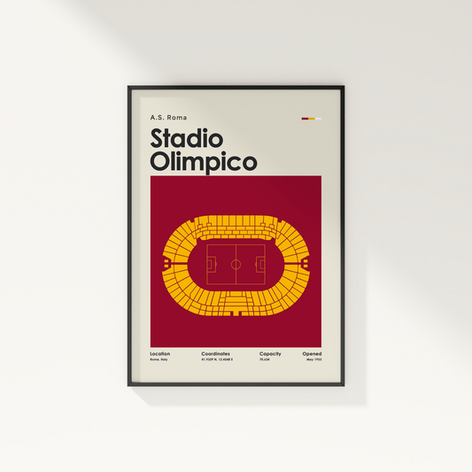 Framed poster of Stadio Olimpico with A.S. Roma text on a white wall.