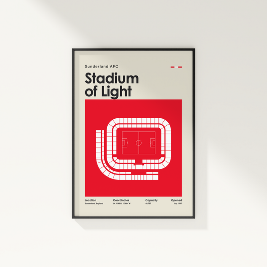 Framed poster of Sunderland AFC Stadium of Light with red and white design.