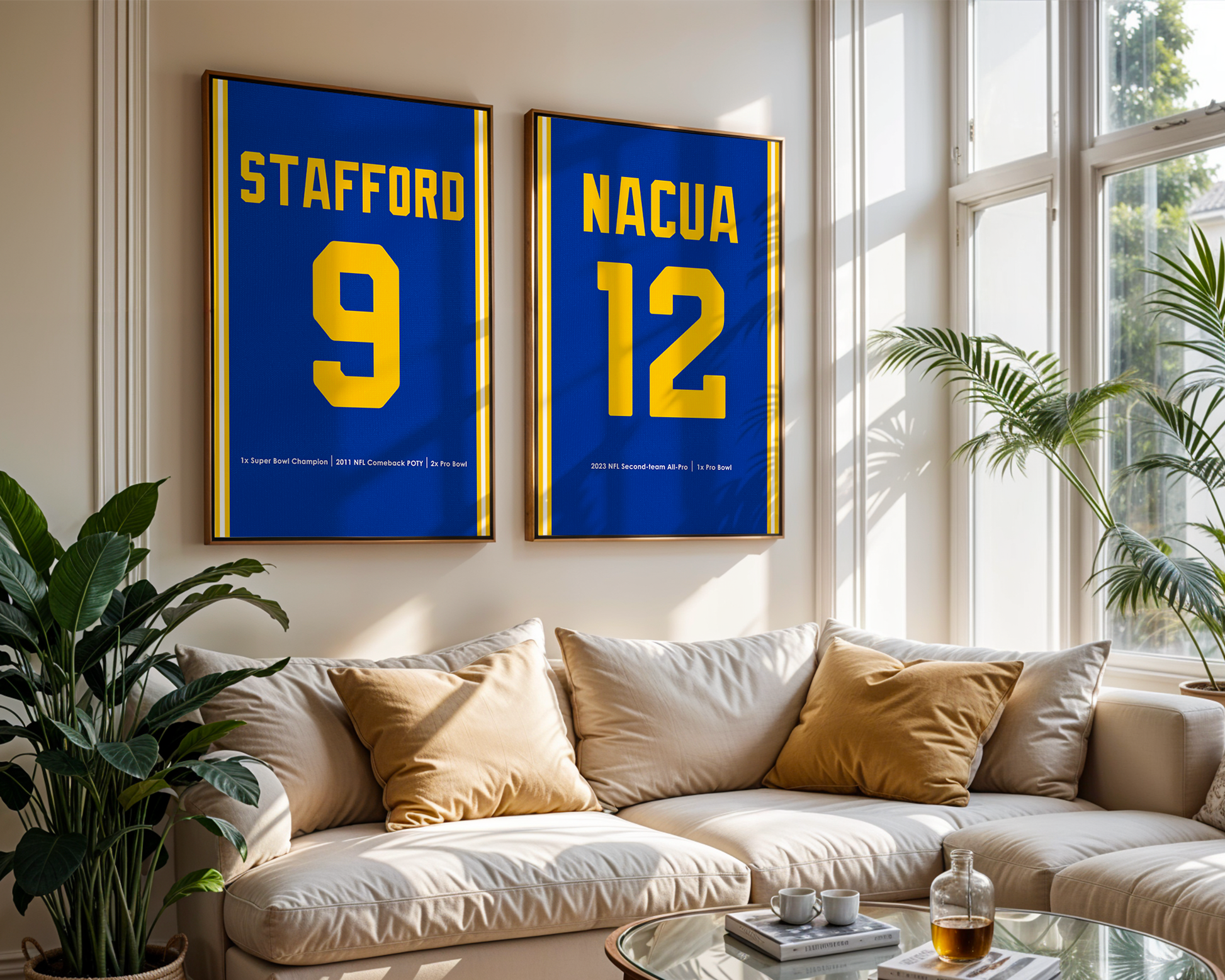 Two framed sports jerseys with names and numbers on a wall above a sofa.