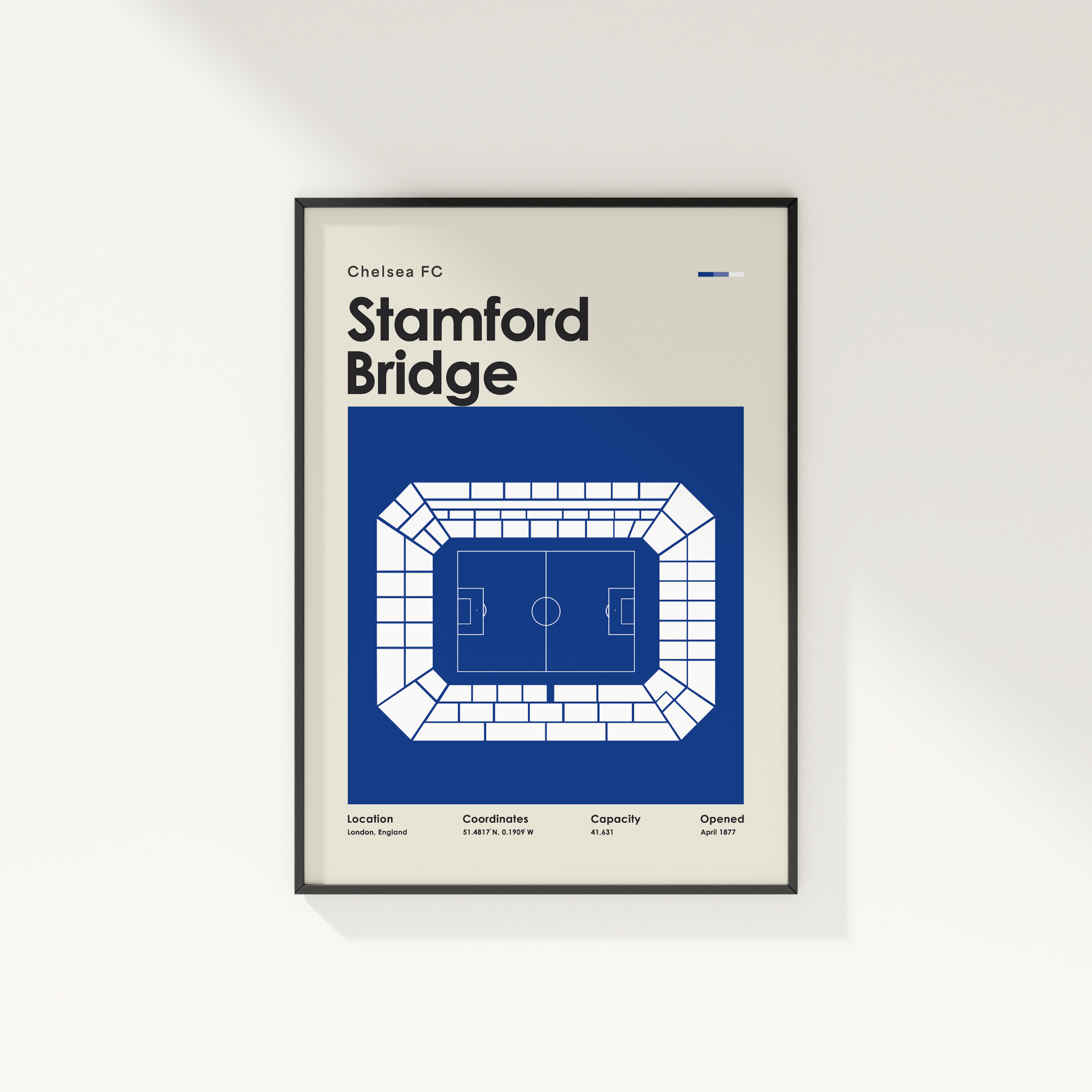 Framed poster of Stamford Bridge stadium layout for Chelsea FC on a white background