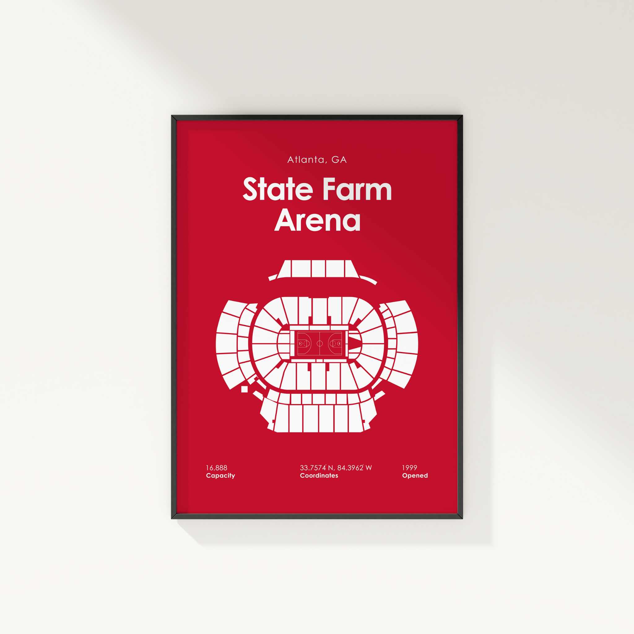 Framed poster of State Farm Arena layout on a red background