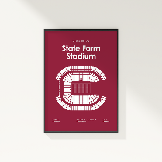 Framed poster of State Farm Stadium with seating chart on a red background