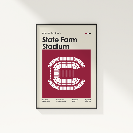 Framed poster of State Farm Stadium with Arizona Cardinals text on a white wall.