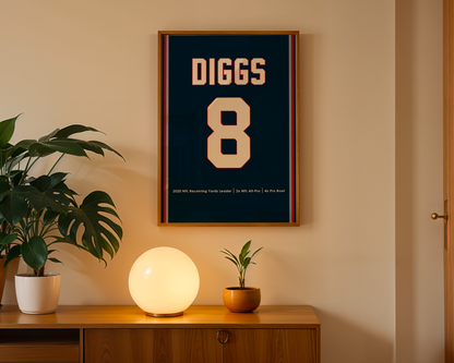 Framed poster with 'DIGGS 8' on a wall above a wooden cabinet with decorative items.