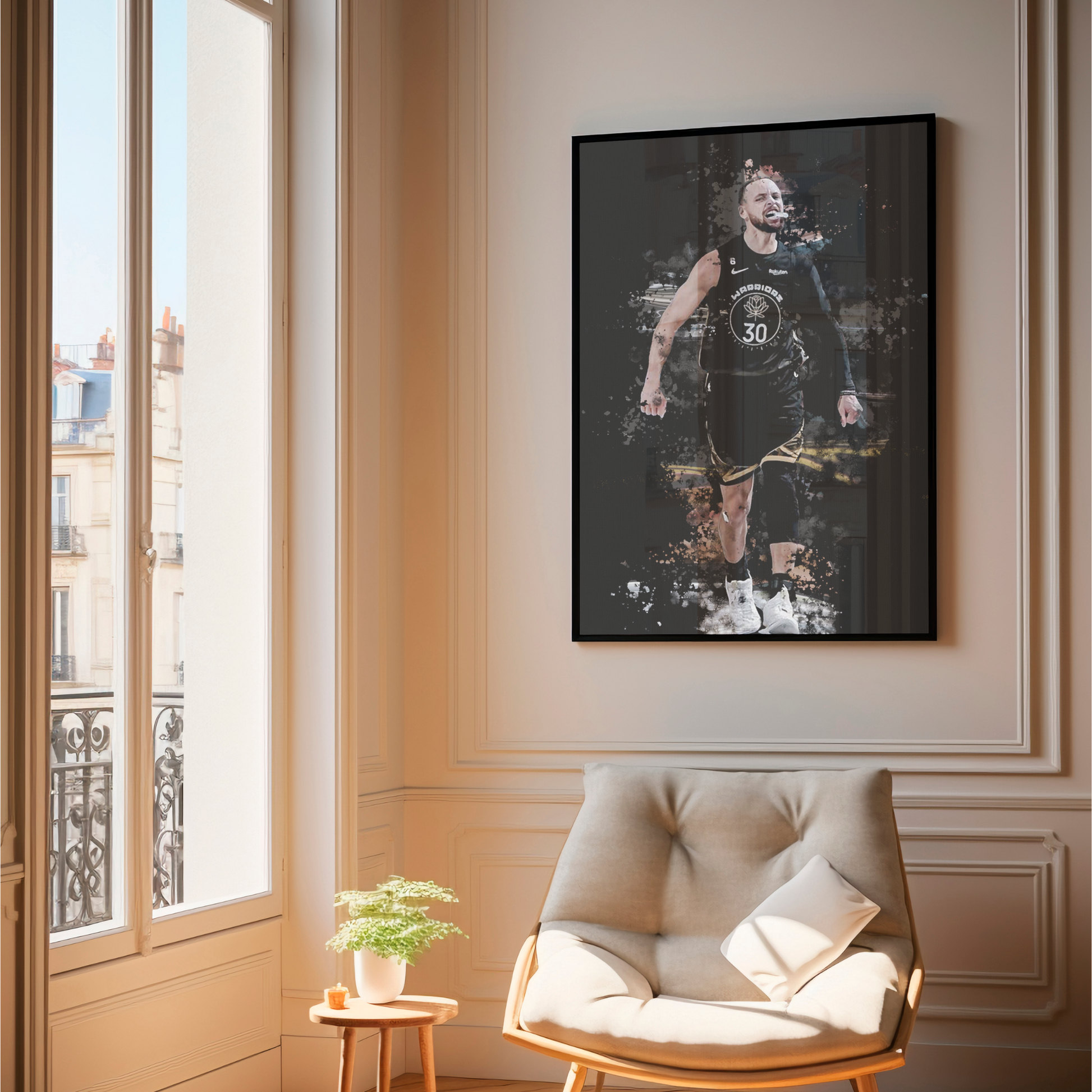 framed poster mockup of basketball player steph curry hanging in a living room