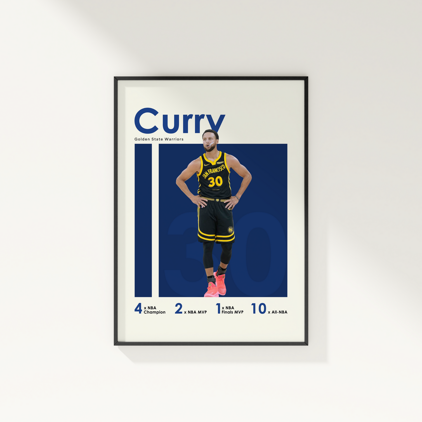 framed poster mockup of basketball player steph curry hanging on a white wall