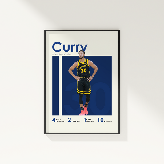 framed poster mockup of basketball player steph curry hanging on a white wall