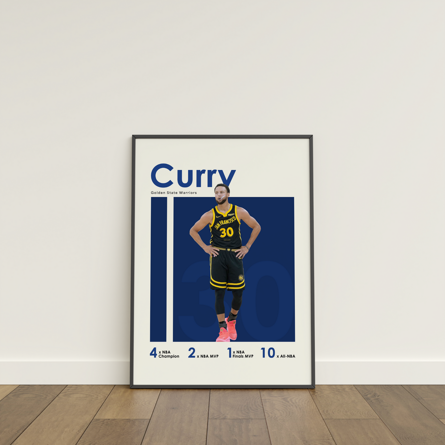 framed poster mockup of basketball player steph curry leaning on a white wall