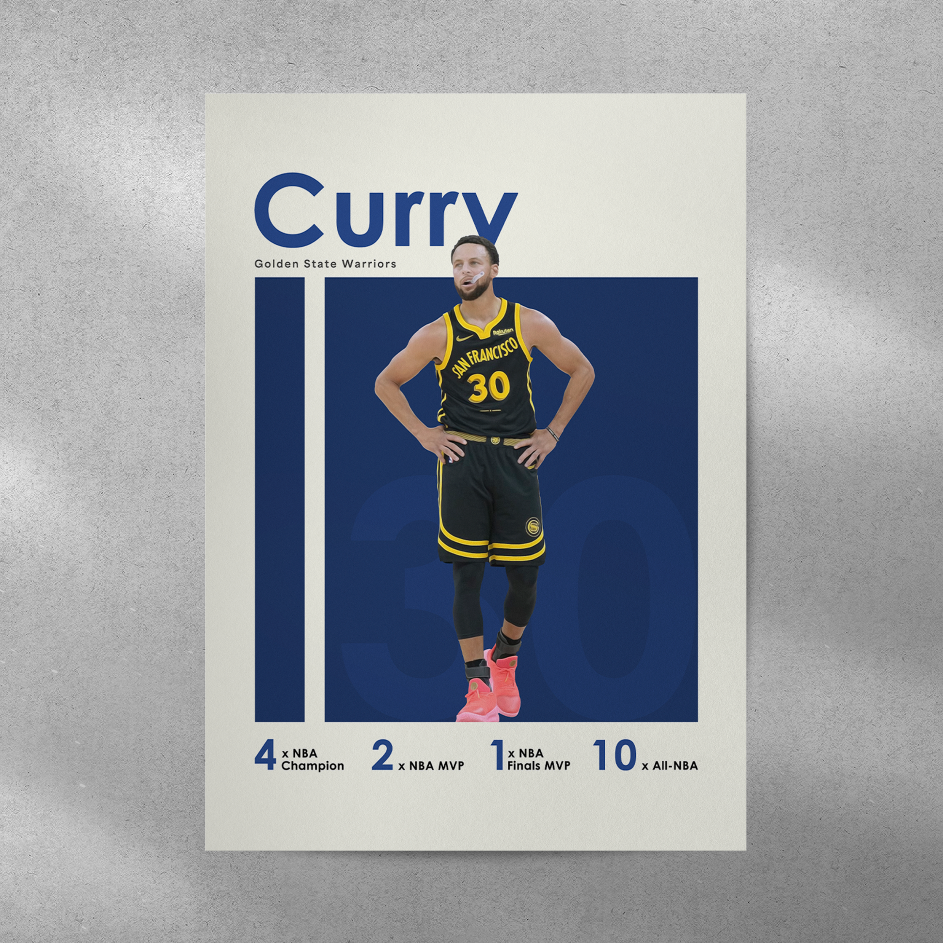 poster mockup of basketball player steph curry on a grey wall