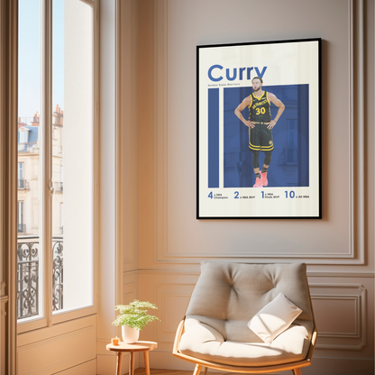 framed poster mockup of basketball player steph curry hanging in a living room