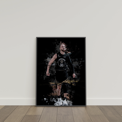 framed poster mockup of basketball player steph curry leaning on a white wall