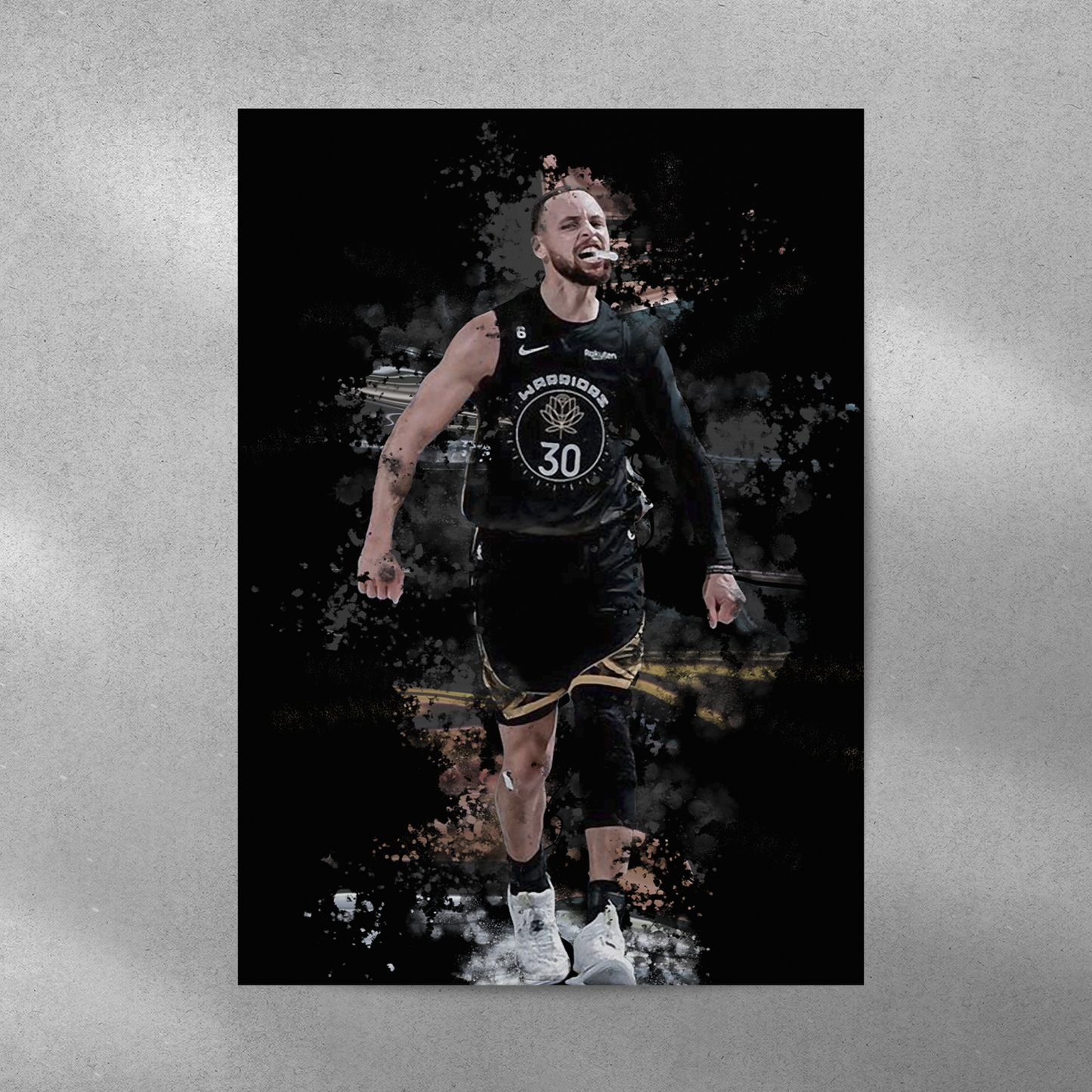 poster mockup of basketball player steph curry on a grey wall