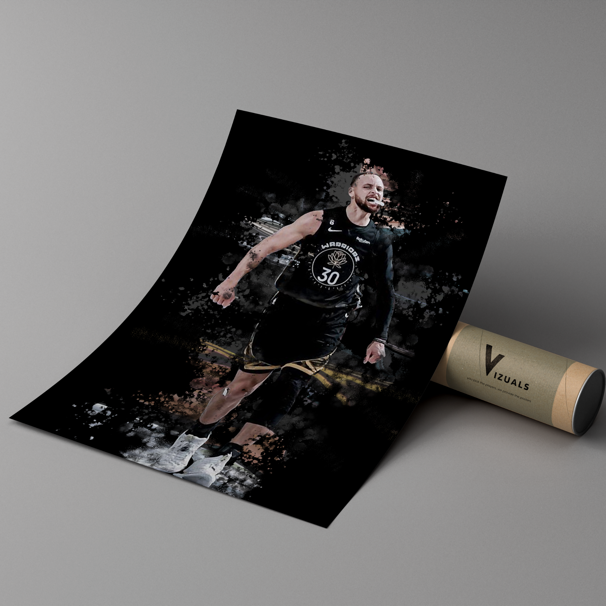 poster mockup of basketball player steph curry leaning on a cardboard tube