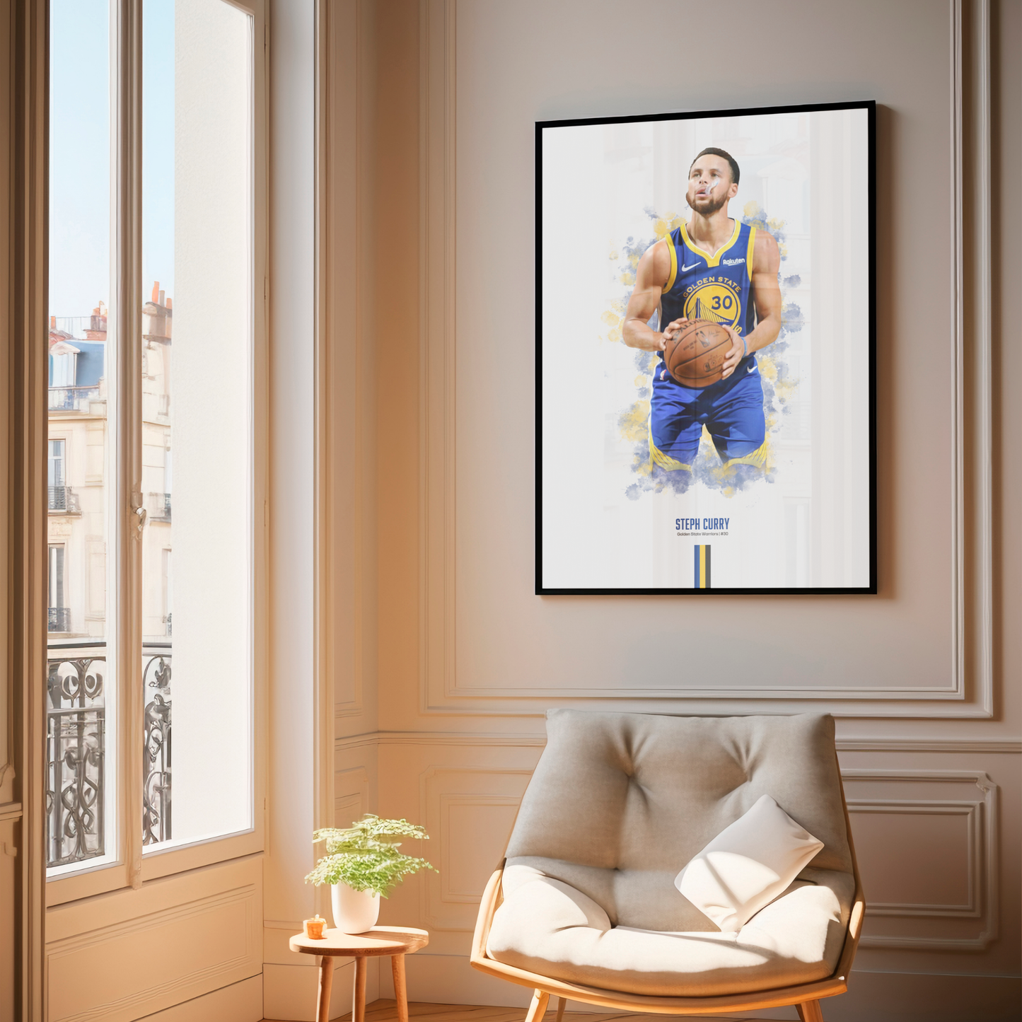 framed poster mockup of basketball player steph curry hanging in a living room