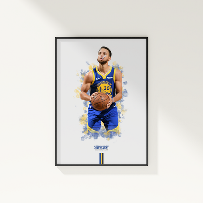 framed poster mockup of basketball player steph curry hanging on a white wall