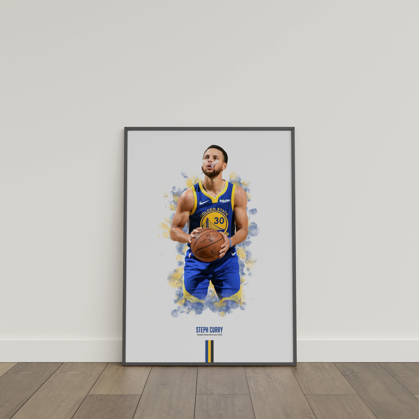 framed poster mockup of basketball player steph curry leaning on a white wall