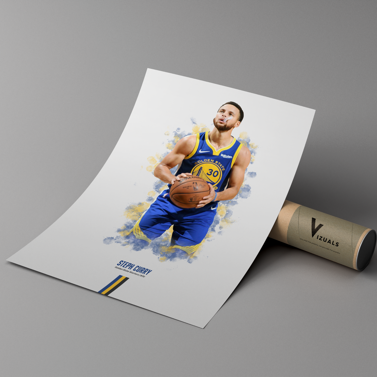 poster mockup of basketball player steph curry leaning on a cardboard tube