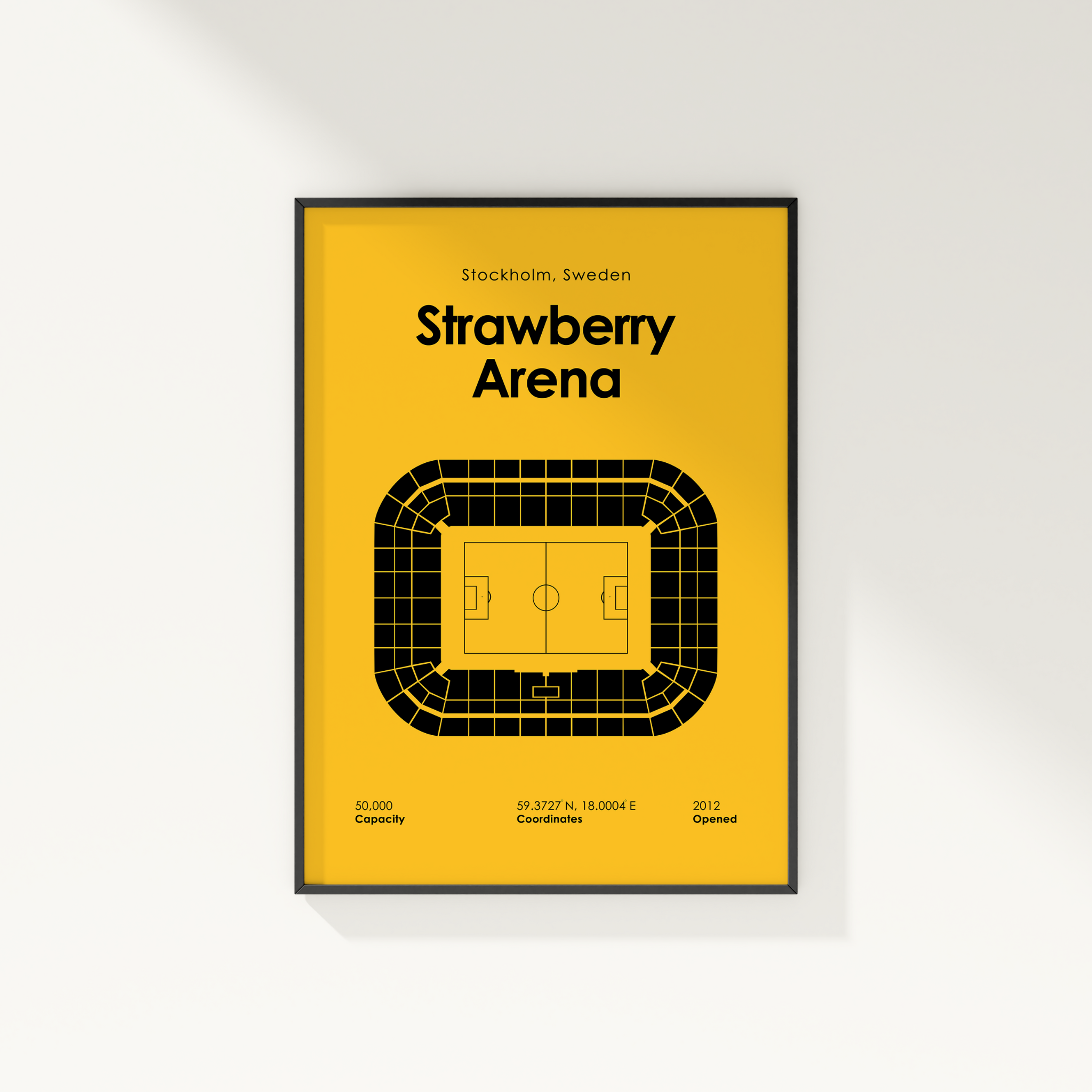Framed poster of Strawberry Arena in Stockholm, Sweden on a yellow background
