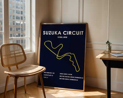 Framed poster of Suzuka Circuit in a room with a chair and table.