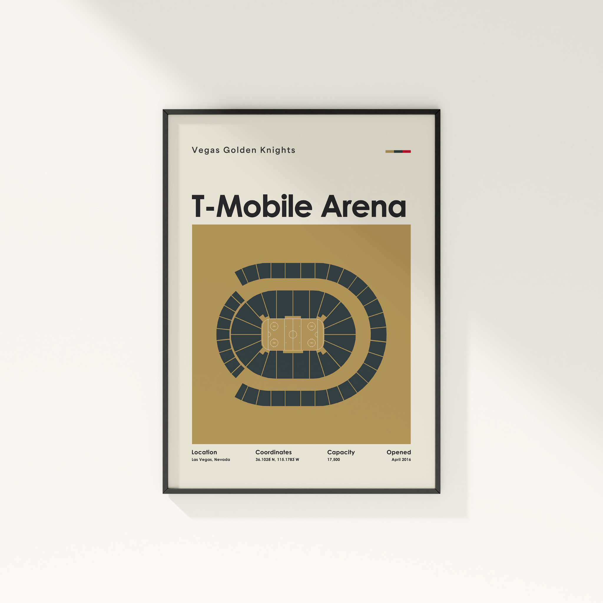 Framed poster of T-Mobile Arena layout with Vegas Golden Knights branding on a white wall.