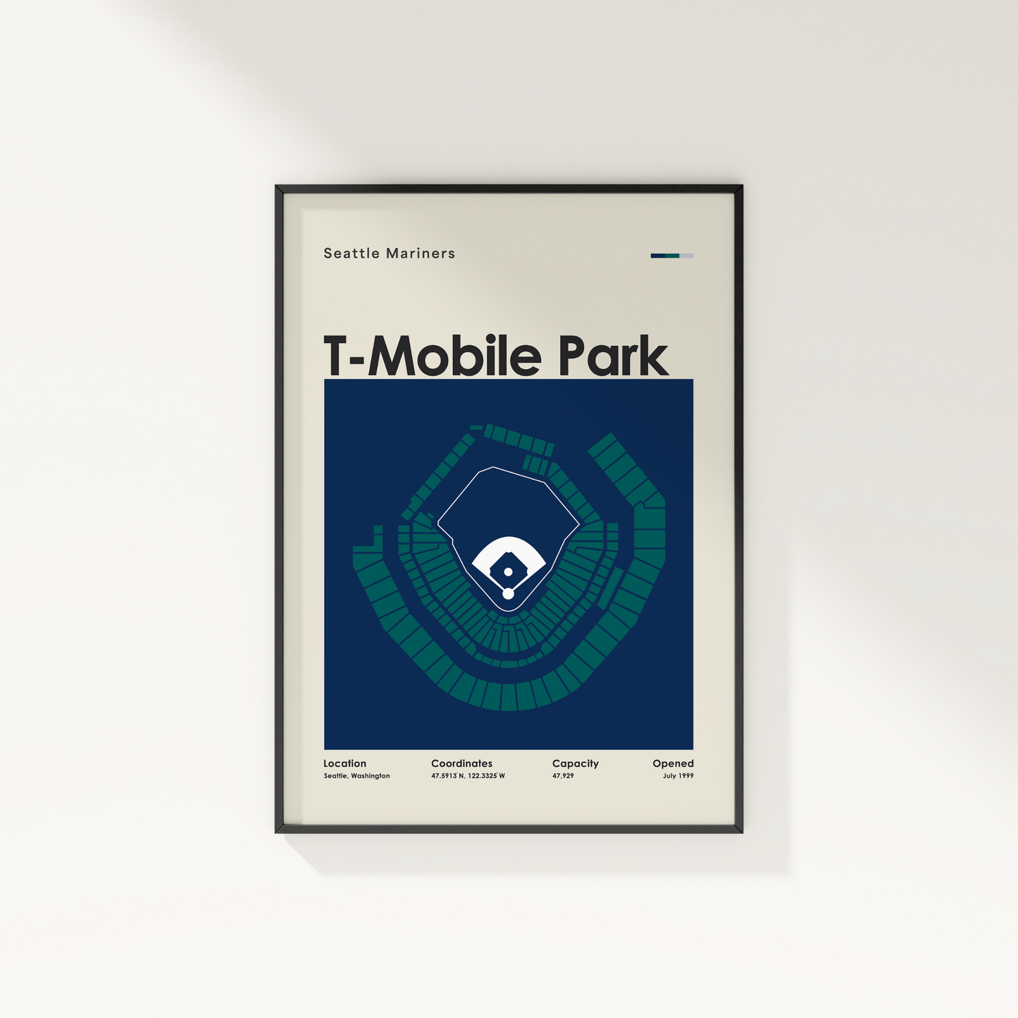Framed poster of T-Mobile Park with Seattle Mariners branding on a white background