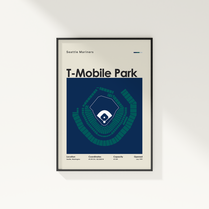 Framed poster of T-Mobile Park with Seattle Mariners branding on a white background