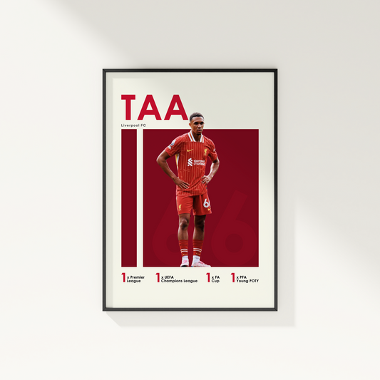 framed poster mockup of soccer player trent alexander-arnold hanging on a white wall