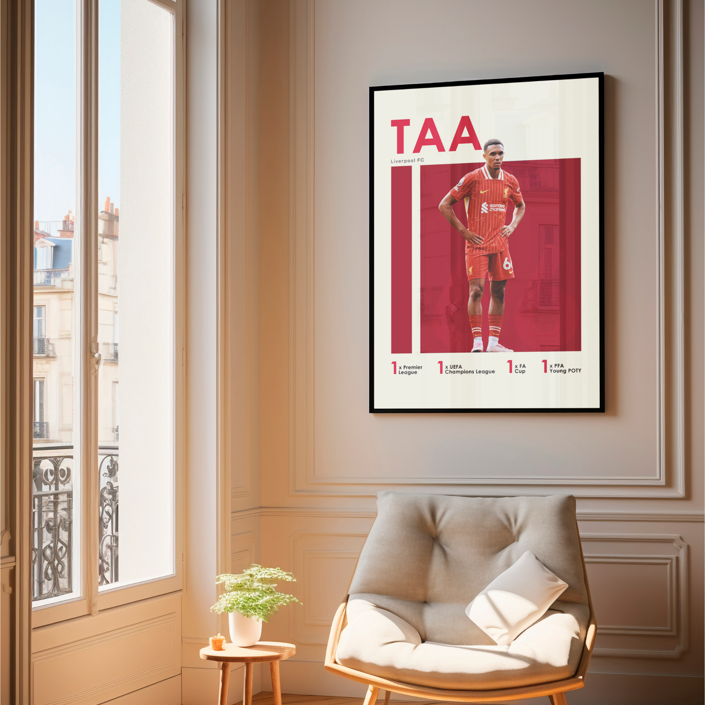 framed poster mockup of soccer player trent alexander-arnold hanging in a living room