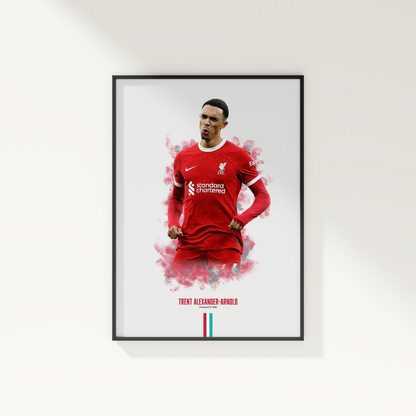 framed poster mockup of soccer player trent alexander-arnold hanging on a white wall